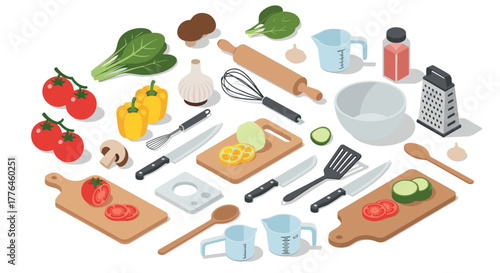 Kitchen tools and vegetables isometric set for cooking inspiration