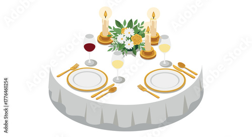 Elegant dinner setting with floral centerpiece and candles on round table