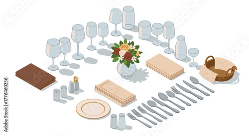 Elegant table setting with glassware, flowers, and cutlery in isometric style for dining inspiration