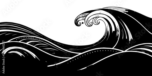 Abstract surf art in black ink, showing a massive curling wave breaking into foam. The detailed lines and bold shadows reflect motion, strength, and calm within chaos — a poetic portrayal of nature’s 