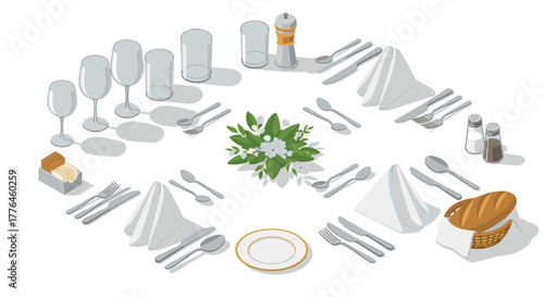 Elegant isometric dining table setting with glassware and cutlery