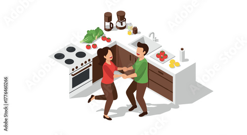 Isometric couple dancing in kitchen with fresh vegetables and modern appliances