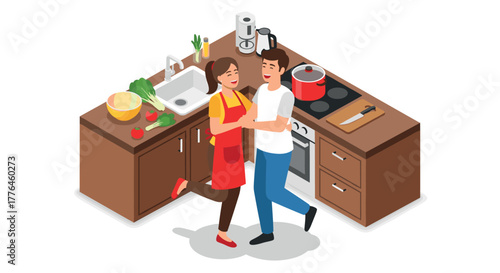 Happy couple cooking in modern kitchen isometric illustration