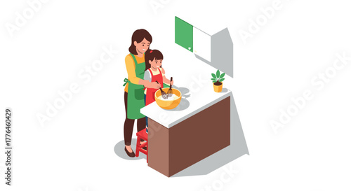 Mother and child baking together in minimalist kitchen scene