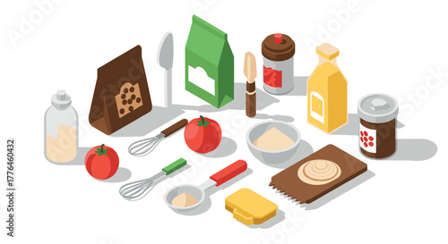 Isometric kitchen tools and ingredients collection for baking enthusiasts