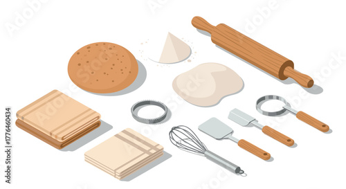 Isometric bakery set with baking tools and ingredients for creative cooking design