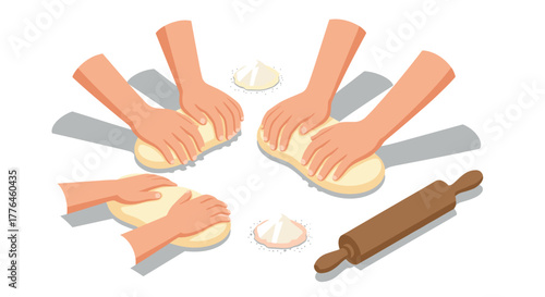 Hands kneading dough with rolling pin in isometric style for baking concept