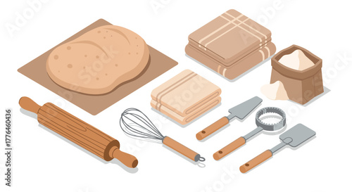 Isometric baking tools and ingredients set on white background