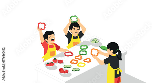 Children preparing healthy meals in playful kitchen setting with fresh vegetables