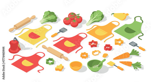 Colorful kitchen tools and vegetables in isometric style