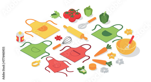 Colorful kitchen tools and aprons in isometric style for culinary enthusiasts