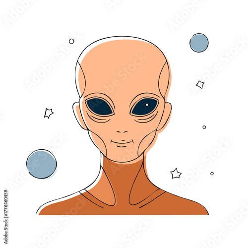 Friendly extraterrestrial being head portrait illustration with cosmic elements