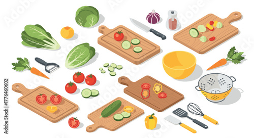 Isometric kitchen essentials with fresh vegetables on cutting boards