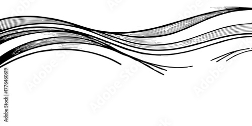 Delicate black-and-white flowing lines curve gracefully across the canvas, creating a light, airy, abstract wave pattern with smooth motion and elegant movement.