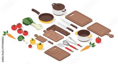 Isometric kitchen utensils and fresh vegetables for cooking enthusiasts