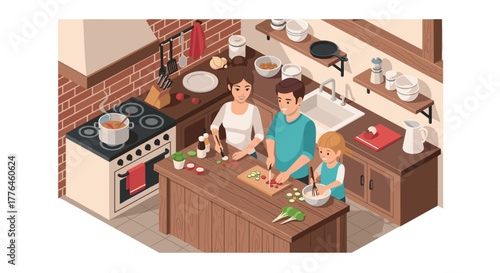 Family cooking together in cozy kitchen isometric style