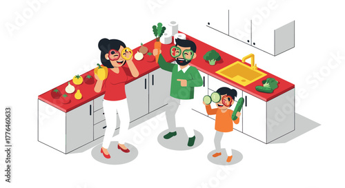 Family enjoying cooking together in modern kitchen with fresh vegetables