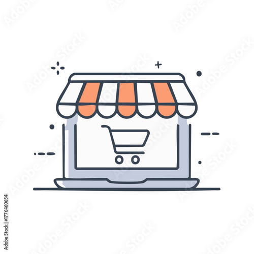 Online Storefront on Laptop Screen, Abstract Shopping Cart and Awning, Digital Commerce, Online Shopping Concept