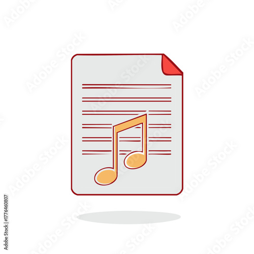 Musical note on sheet music document icon simple flat design for audio and song concepts