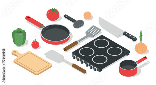 Isometric kitchen appliances and vegetables set for cooking concepts