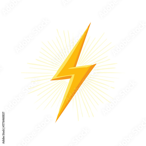 Isolated yellow lightning bolt with radiant rays representing power and energy.