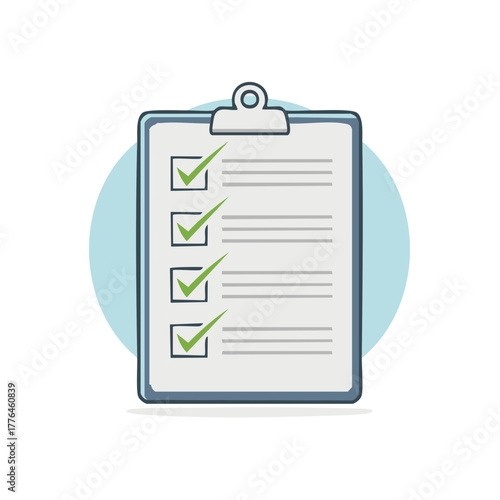 Checklist clipboard with green check marks, completed tasks list illustration