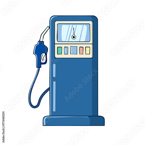 Cartoon Illustration of a Blue Gas Pump with Nozzle Display and Buttons