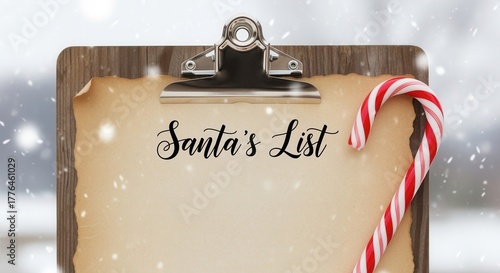 Santa's list on a rustic wooden clipboard with a candy cane. Christmas holiday background with falling snow and copy space