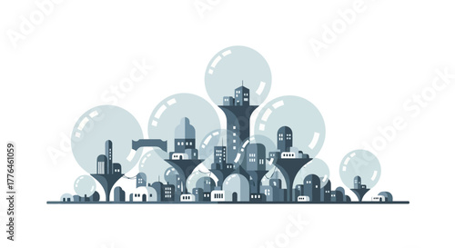Futuristic city with modern buildings enclosed in protective transparent bubbles.