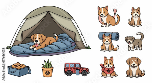 Camping corgi dog with tent and outdoor gear