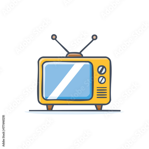 Retro yellow television with antennas and screen reflection, cartoon style illustration
