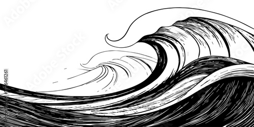 sweeping black-and-white wave with bold ink lines curves across the scene, creating motion, rhythm and energy like hand-drawn ocean art under a bright sky.