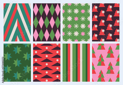 Colorful modern geometric backgrounds set of Merry Christmas and Happy New Year. Abstract trendy design with simple shapes for print, card, cover, wallpaper, brochure, banner, social media, flyer