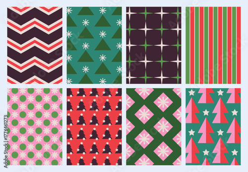 Colorful geometric backgrounds set of Merry Christmas and Happy New Year. Abstract modern design with simple shapes for print, card, cover, wallpaper, brochure, banner, social media, flyer