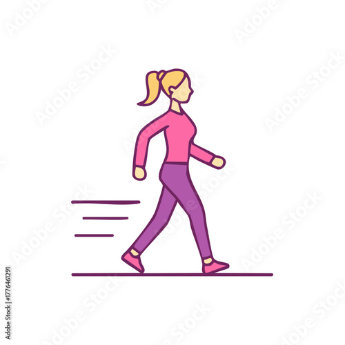 Woman in casual activewear walking forward, conveying motion with speed lines, fitness concept, lifestyle illustration