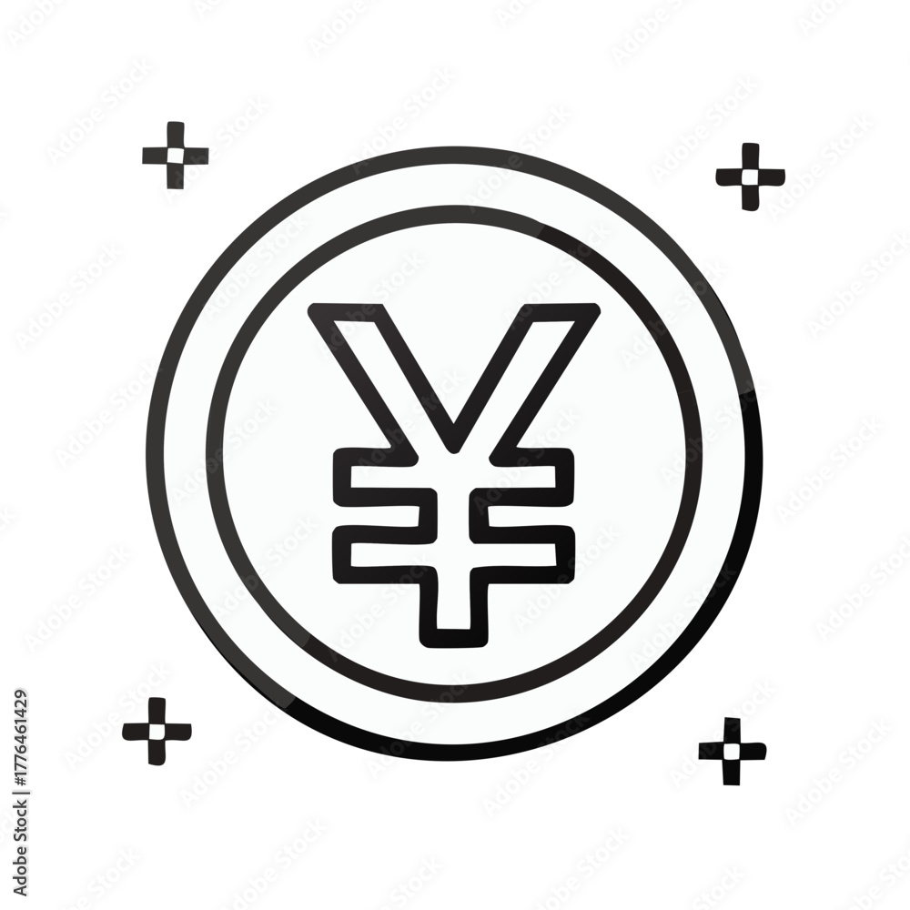 Obraz premium Japanese Currency Icon Coin with Yen Symbol and Plus Graphic Line Design