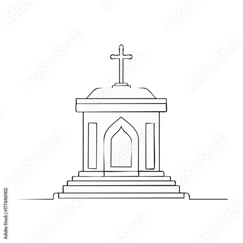 Linear Graphic Outline of a Crypt Structure with Cross Topper on a MultiStep Base for Religious Art or Designs