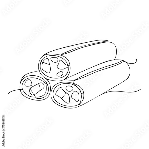 Continuous Line Drawing of Spring Rolls Stacked Together Asian Cuisine