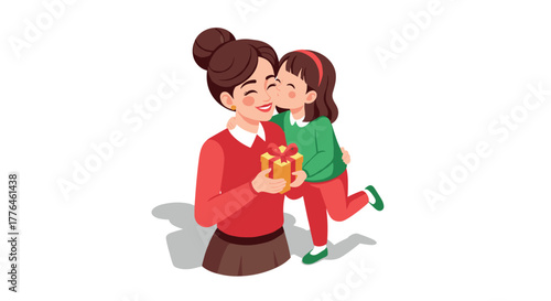 Joyful moment mother and child embrace with a gift in festive season