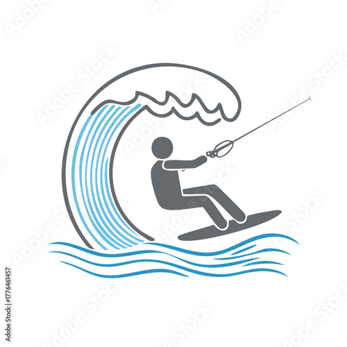 Minimalist wakeboarder surfing a powerful blue wave water activity icon graphic