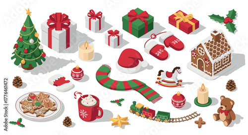 Festive isometric set of christmas decorations with gifts, gingerbread house, and tree
