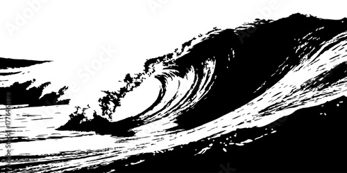 Bold black-and-white illustration of a powerful crashing wave, textured with dynamic brush strokes that capture energy, motion, and dramatic ocean force.