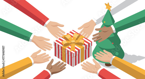 Isometric holiday celebration with hands, gift, and christmas tree