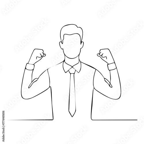 Strong business man with fists up in continuous line drawing showing achievement and confidence