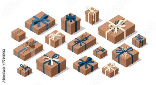 Isometric gift box collection with blue and beige ribbons on brown packaging