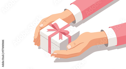 Hands holding a gift box with pink ribbon in isometric style