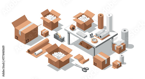 Isometric packing essentials on table with cardboard boxes and supplies