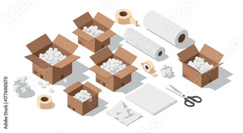 Isometric cardboard boxes and packing supplies on white background