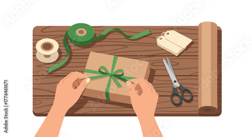 Gift wrapping scene with hands tying green ribbon on brown paper package