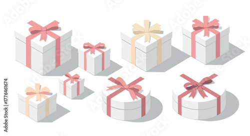 Isometric gift boxes with bows in soft colors for festive occasions